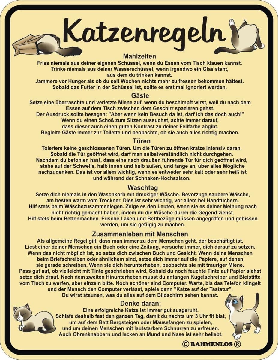 RAHMENLOS® Blechschild Katzenregeln Katze Fun Geschenk