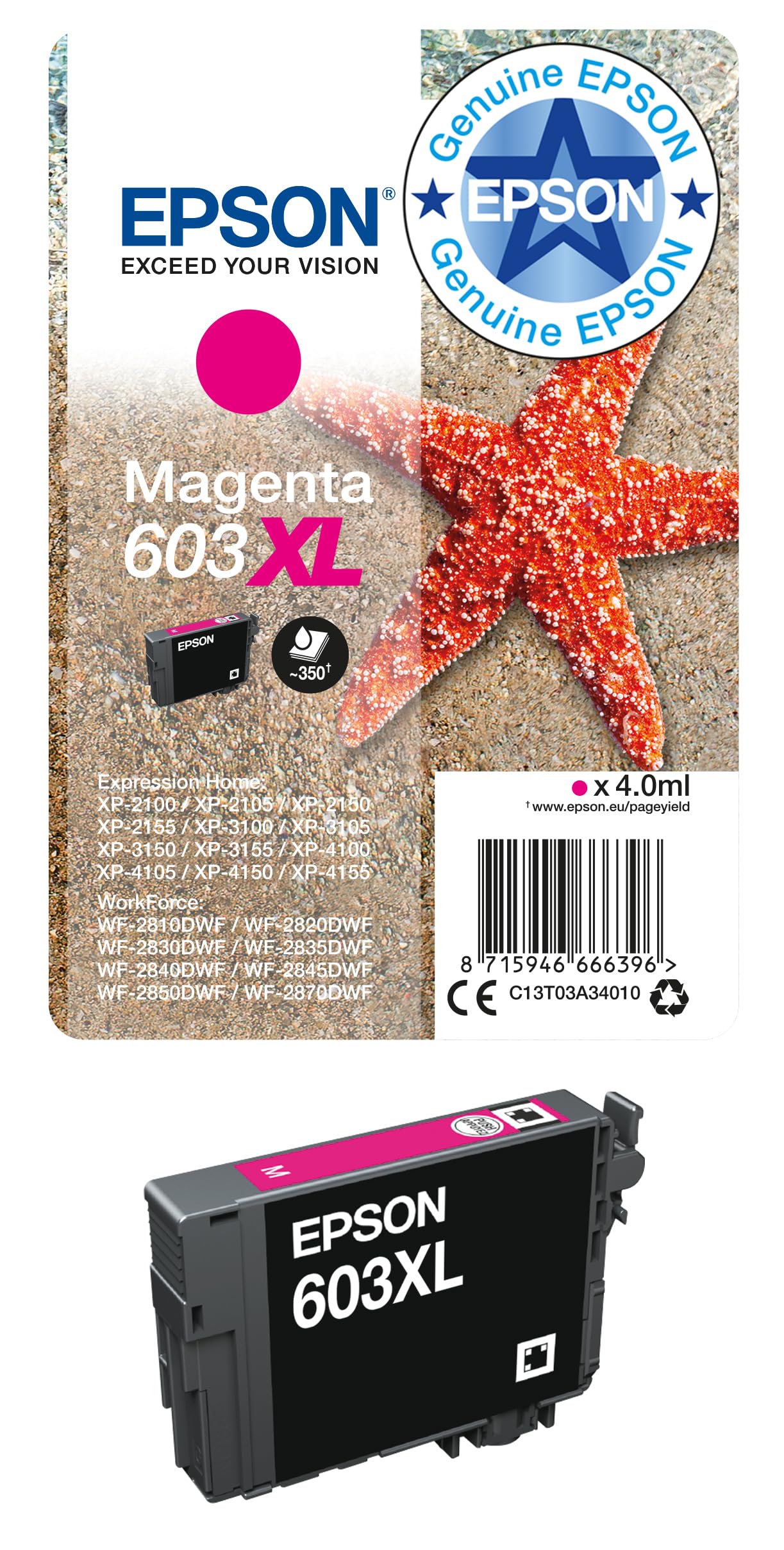 Epson 603XL Magenta Starfish High Yield Genuine, Ink Cartridge,XL High Capacity
