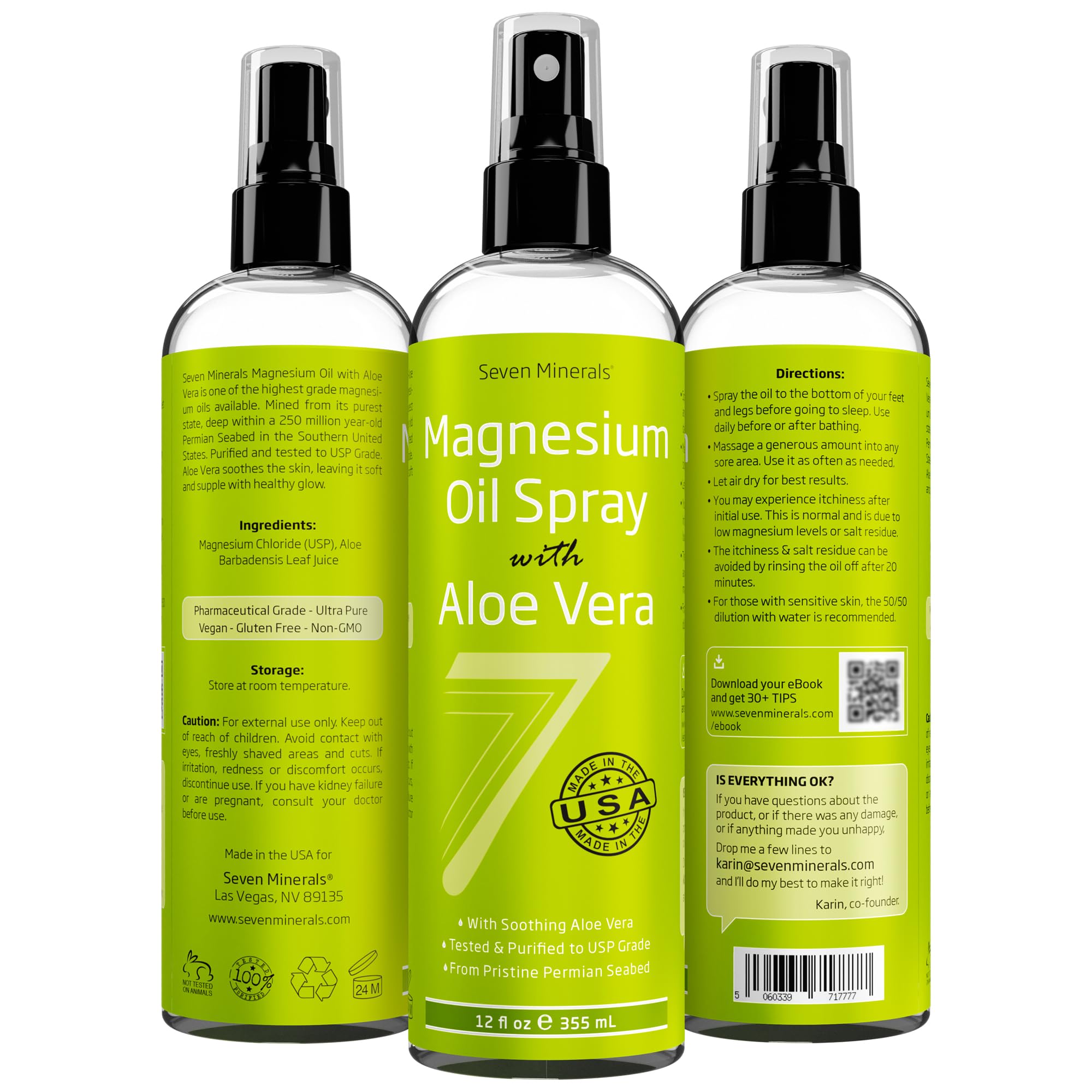 Seven Minerals Pure Magnesium Oil Spray with Aloe Vera 12oz - Pharmaceutical (USP) Grade, Highest Strength with Instant Relief for Feet, Sleep, Muscle Pain & Cramps - Mined in The USA