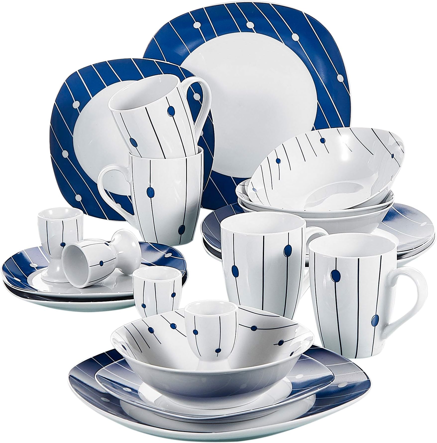 VEWEET 20-Piece Porcelain Tableware Set Decal Patterns Dinnerware Sets with Dinner Plate, Dessert Plate, Bowl, Mug, Egg Cup, Service for 4 (DOT Series)