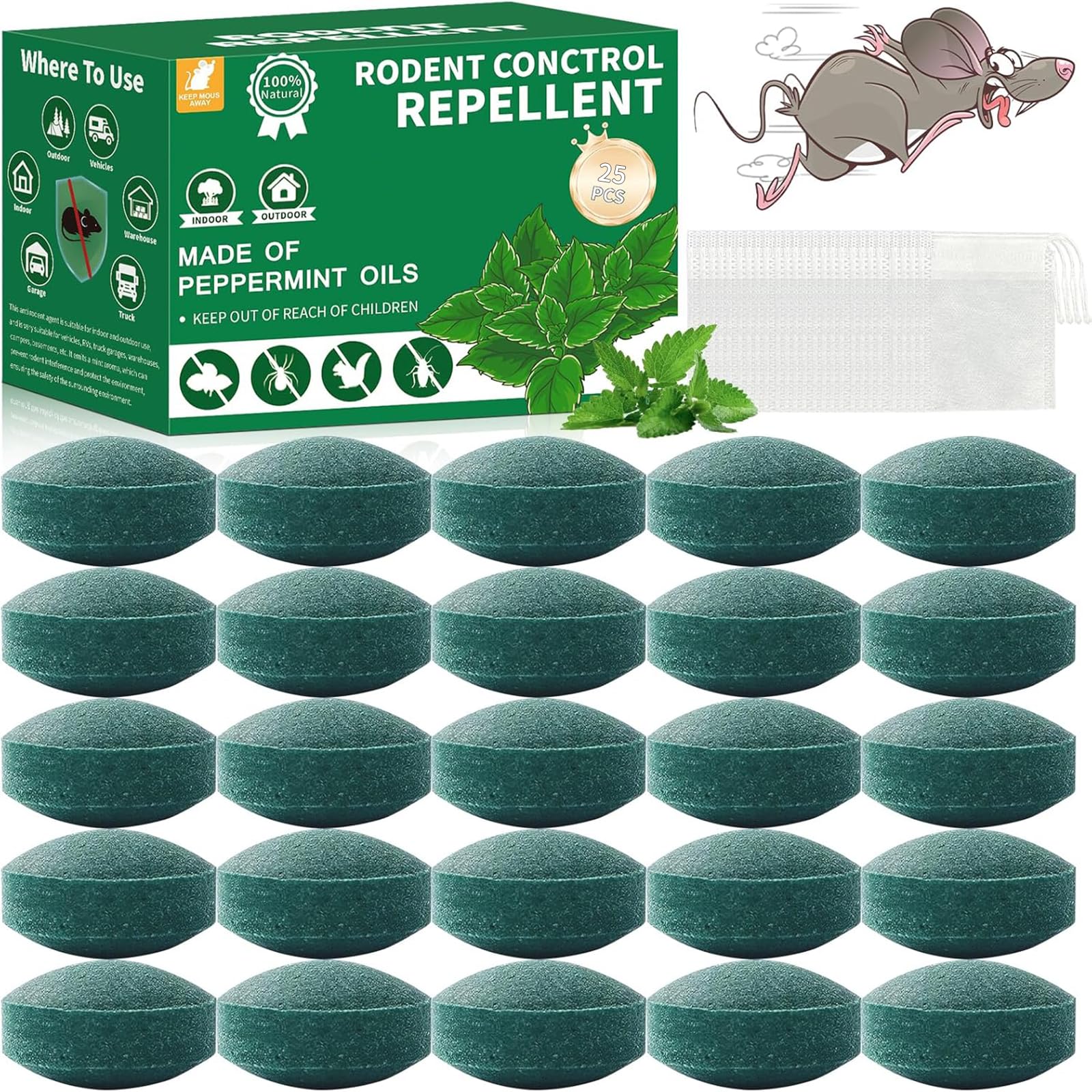Photo 1 of 25 packetsMouse & Rat Repellent Pouches Peppermint Oil Mice Repellent - Rodent Deterrent Bags for Indoor/Outdoor Use, Home Garage Car RV Boat Cabin Protection (25 Pack)