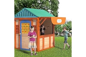 AOCOROE Outdoor Playhouse for Age 3-8 Years Boy Girl, Wooden Cottage Playhouse with 4 Game Awning Window, Ball Wall & Tetris. Play House for Outdoor Garden, Lawn, Patio, Yard.