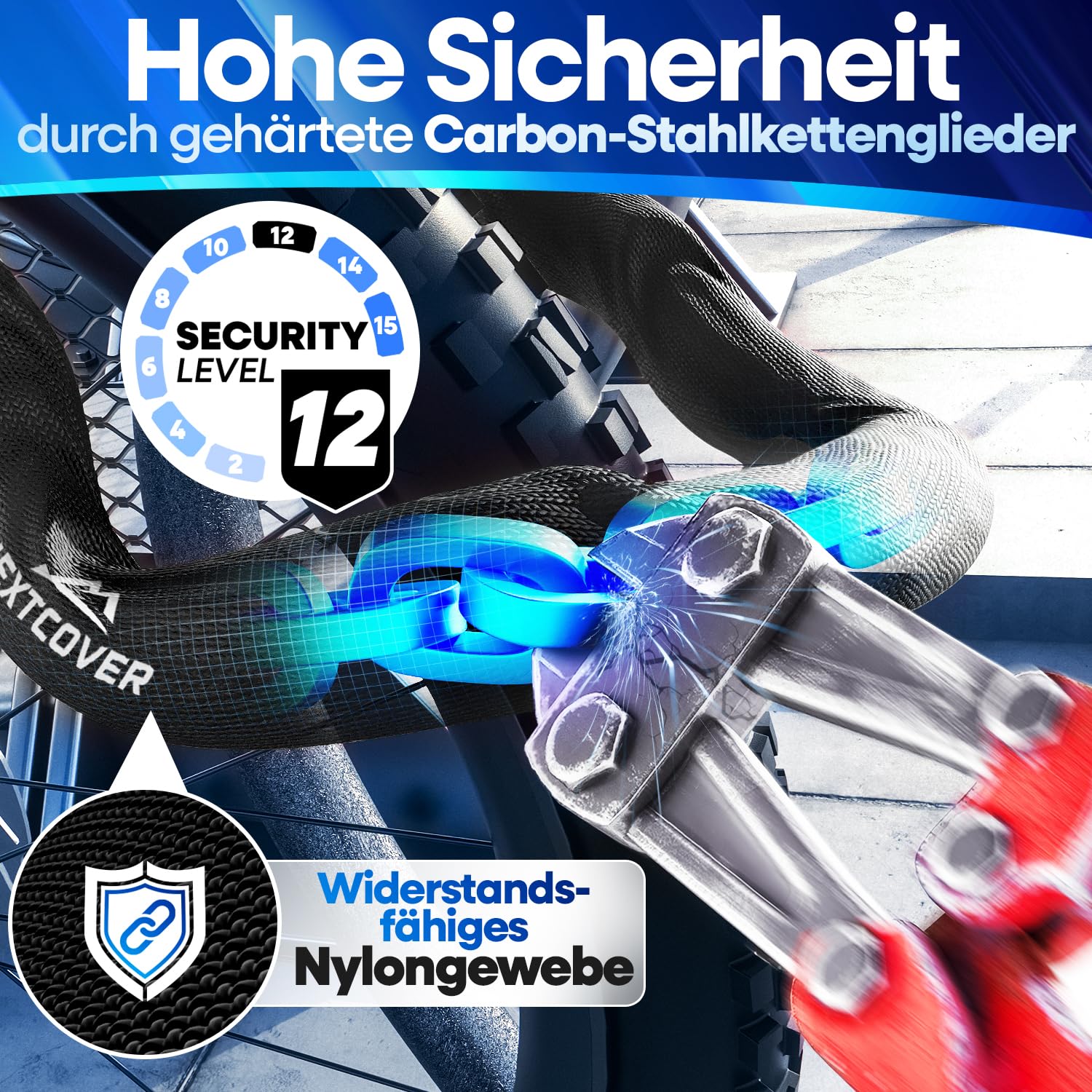 NEXTCOVER® Fahrradschloss mit Zahlencode LockPro - Das Original - [SAFESECURE] hohe Sicherheit I 5- stelliger Zahlencode, Zahlenschloss Fahrrad Stahl I Bike Lock für E-Bike I Kettenschloss 3