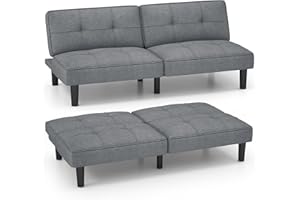 KOMFOTT Convertible Futon Sofa Bed, Upholstered Folding Linen Sleeper Couch with 6-Position Adjustable Backrest, Thick Cushio