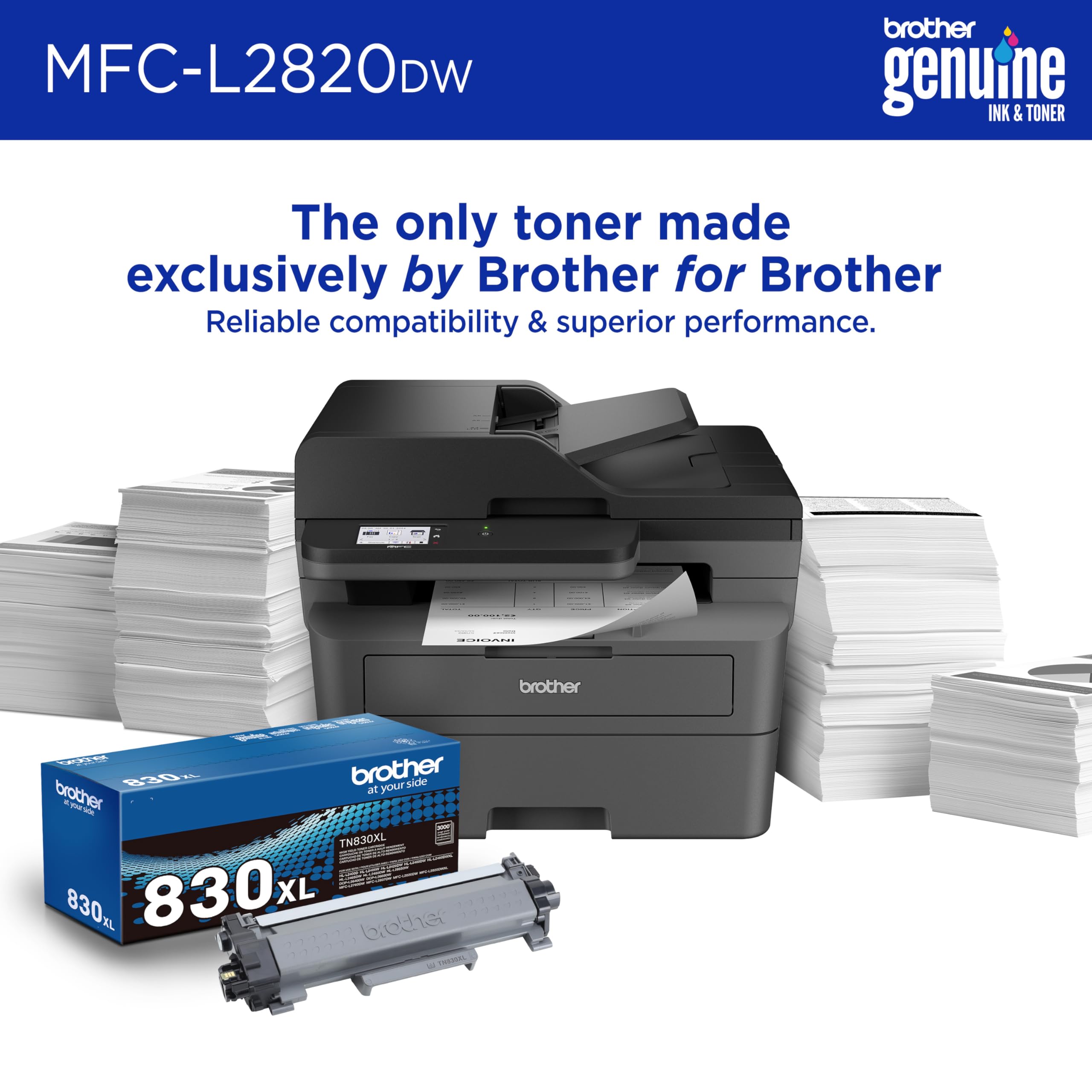 Brother MFC-L2820DW Wireless Compact Monochrome All-in-One Laser Printer with Copy, Scan and Fax, Duplex, Black & White | Includes Refresh Subscription Trial(1), Works with Alexa