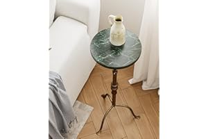 AEPOALUA Adjustable Height Round Pedestal Table - 22-30 Inch, Modern Martini Cocktail End Table with Natural Green Marble Top
