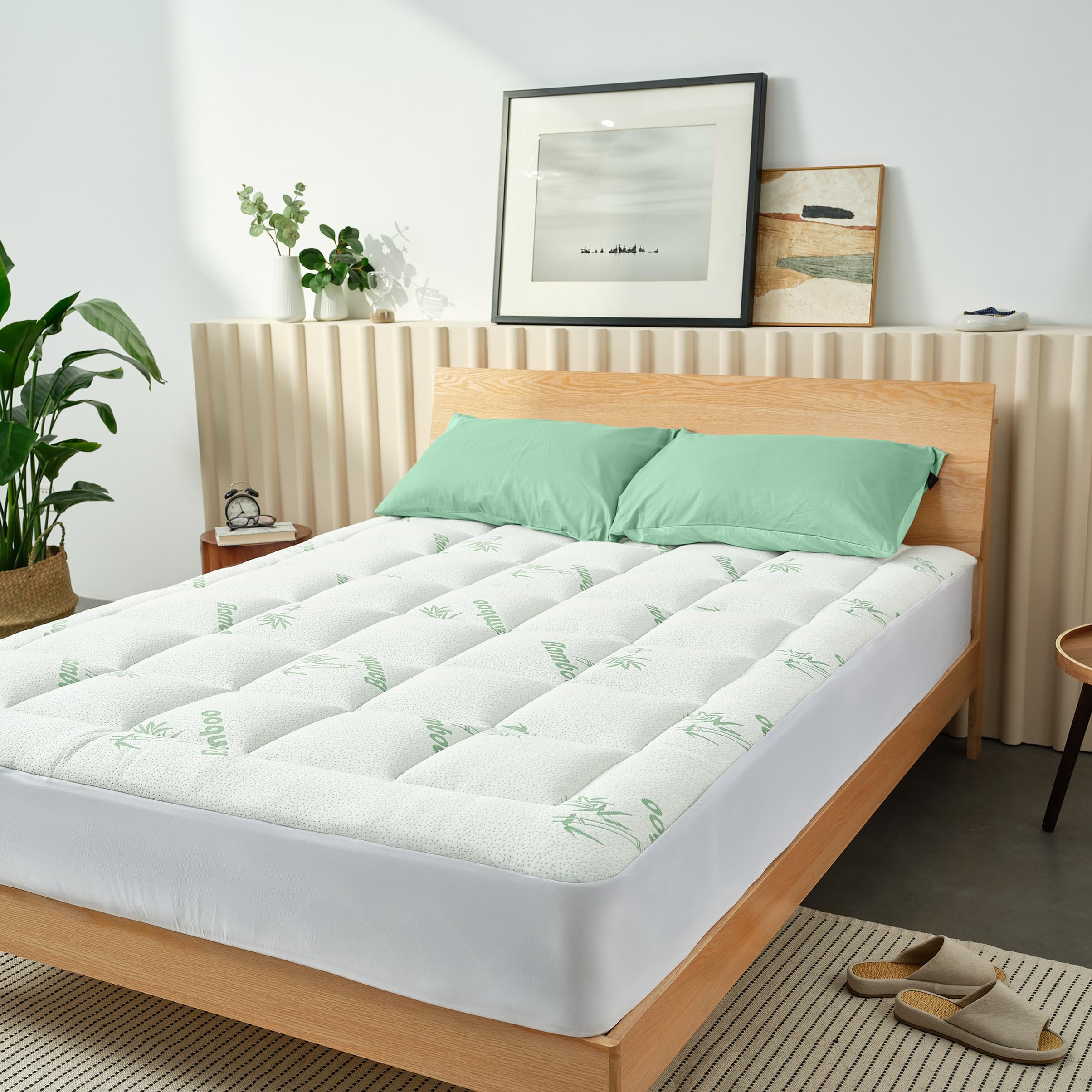 Ultra Soft Full Size Mattress Topper - Viscose Made from Bamboo Pillow Top Mattress Pad for Back Pain Relief - Naturally Cooling for Hot Sleepers, Green