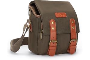 CADeN Compact Camera Bag Case Canvas Leather Trim Compatible for Nikon, Canon, Sony Mirrorless Camera and Lenses Waterproof, Camera Shoulder Messenger Bag (Small 1.0 Brown)