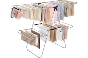SONGMICS Clothes Drying Rack, Foldable 2-Level Laundry Drying Rack, Free-Standing Laundry Airer, with Height-Adjustable Wings