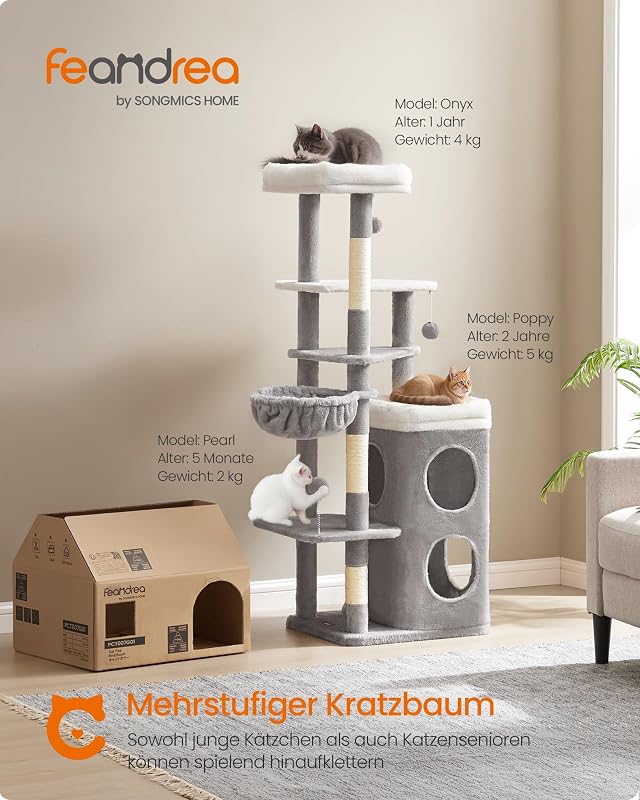 Kratzbaum, 3 große Plattformen, 2 Höhlen und Korb, 150 cm hoch