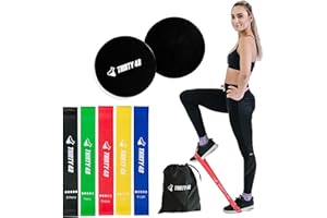 Thirty48 Gliding Discs Core Sliders and 5 Exercise Resistance Bands | Strength, Stability, and Training for Home, Gym, Travel | User Guide & Carry Bag