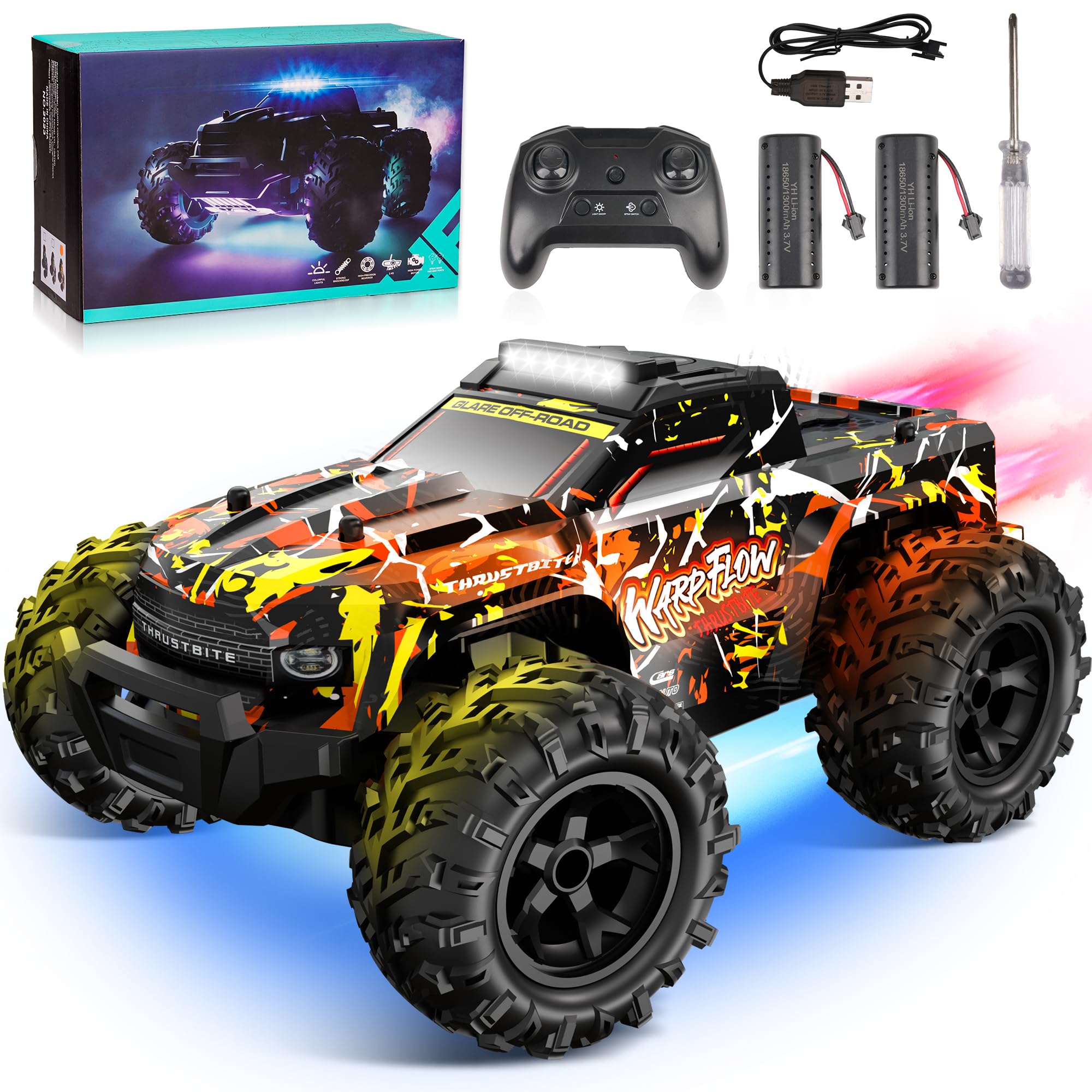 JOYTREKY Remote Control Cars - 1:18 Rc Car HighSpeed 25KMH+ LED Light with Spray 2.4GHz All Terrain Off Road Truck Toys 2 Rechargeable Batteries 60 Min Playtime Fast Racing Toy for Kids Adult - Yellow — image 1