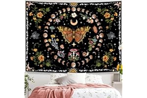 Simpkeely Butterfly Moon Phase Tapestry, Botanical Floral Plant Boho Mushroom Wall Hanging Tapestries, Vintage Aesthetic Tape