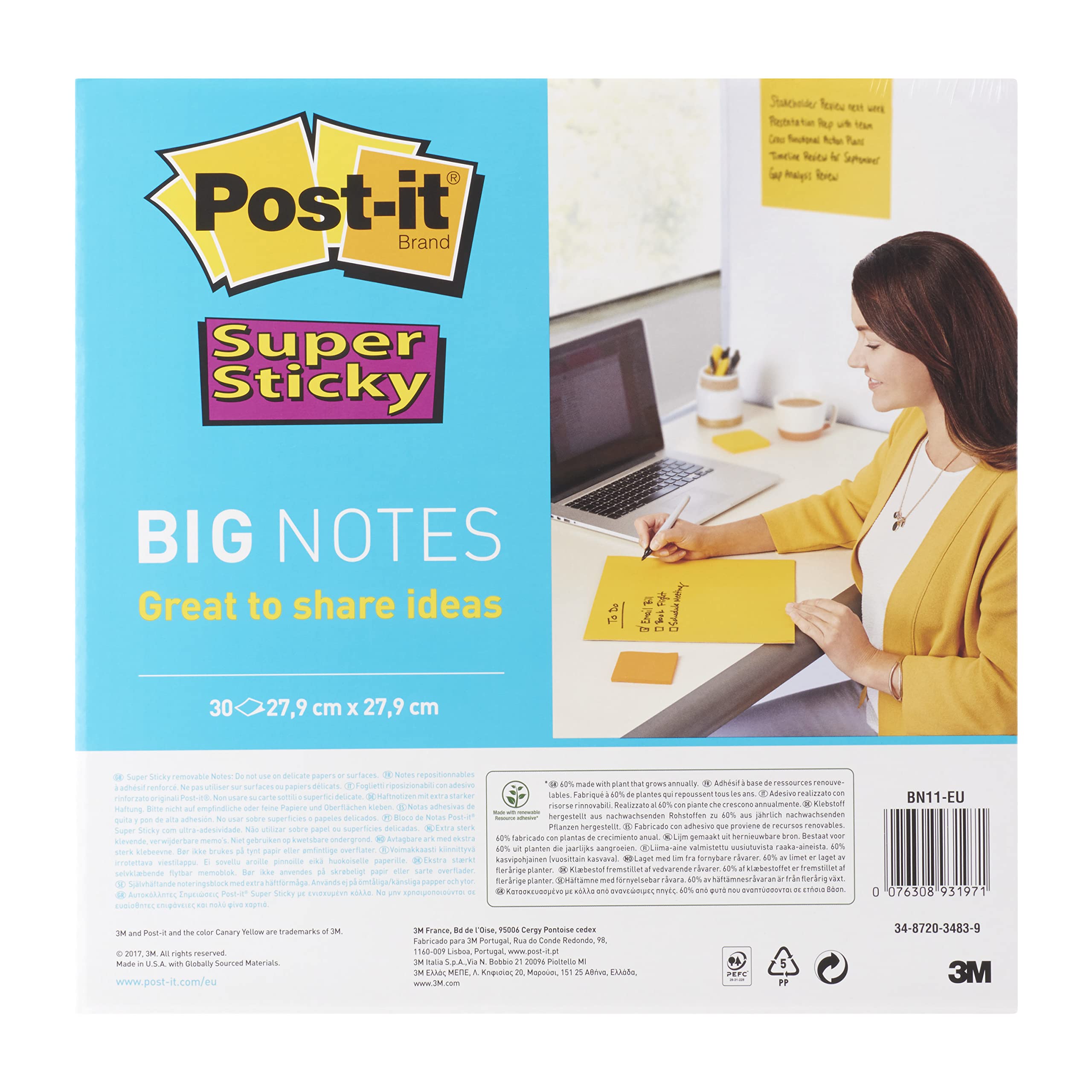 Post-it Super Sticky Large Notes, 30 Sheets, 1 Pad, 279 mm x 279 mm - Holds Strong to Many Surfaces - Yellow - for Walls, Monitors and Fridge, Recycable — image 1