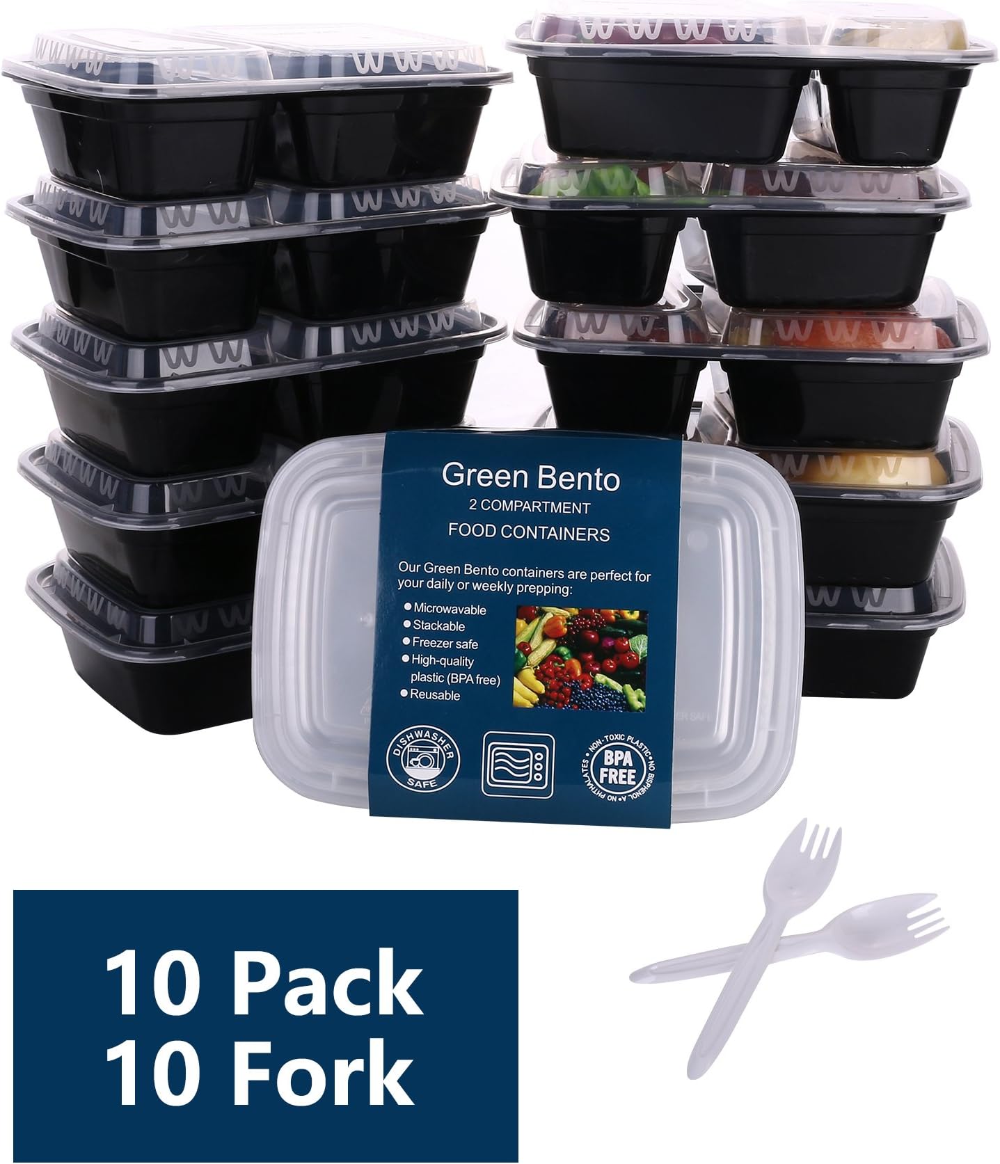 Green Bento Meal Prep Containers 10 Pack 2 Compartment Plastic Food Storage with Lids,Bento Box Lunch Box,Portion Control,Dishwasher,Microwave Safe Cover Plates+10 Cutlery(34ounce)