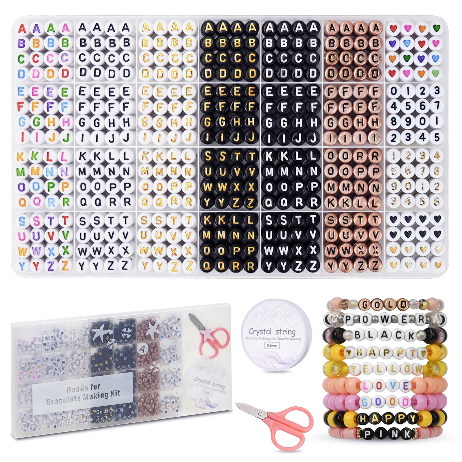 FZIIVQU 1400pcs Letter Beads Kit, 6 Colors 4x7mm Alphabet Number Heart Beads for Bracelets Making Friendship Bracelet Kit