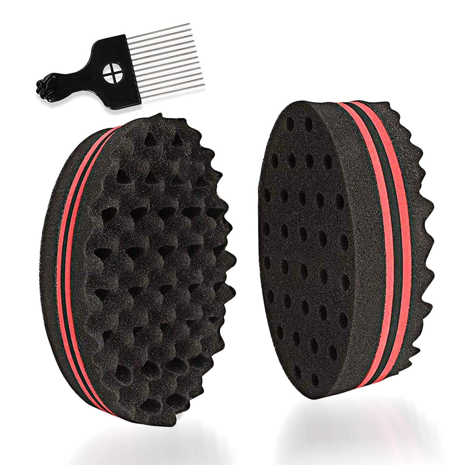 Hair Sponge Brush, KissDate Set of 2 Double Sides Small Holes(8mm Hole) Afro Curl Coil Wave Hair Sponge Brush with 6.69 Inch Metal Styling Comb