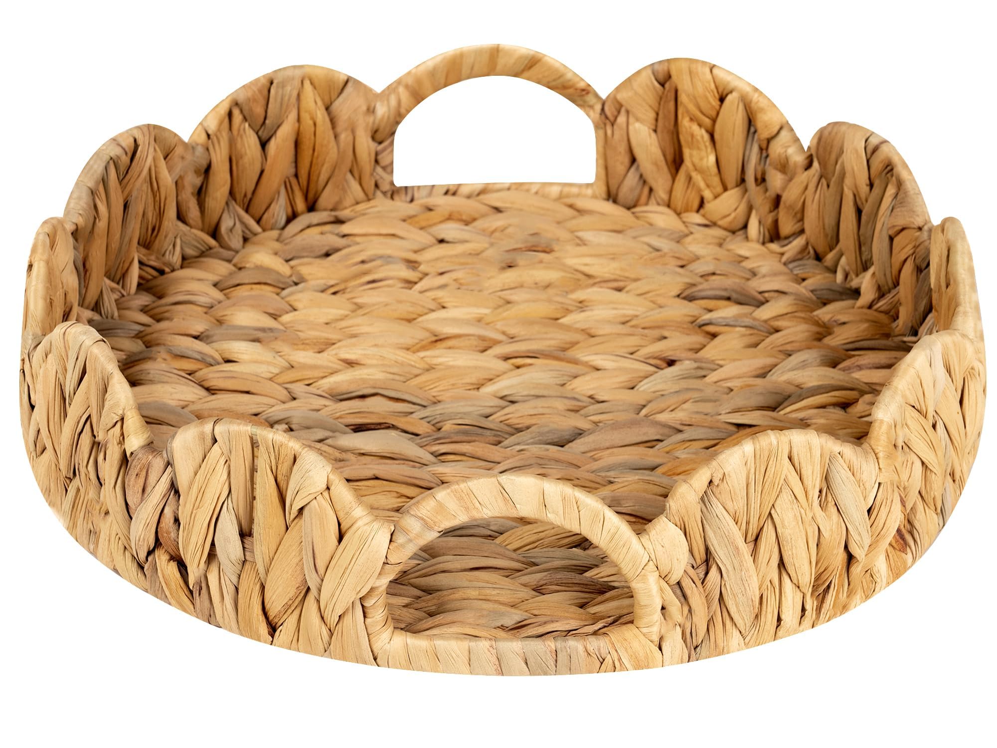 StorageWorks Scalloped Tray, Round Basket Tray Wicker Rattan Serving Tray with Handles, Scallop Basket Table Décor Trays, Water Hyacinth Image