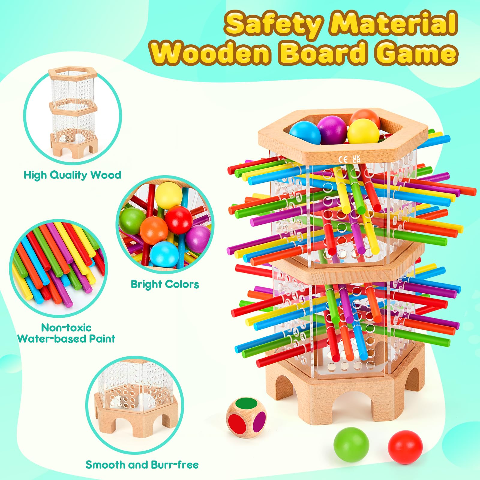 Montessori Spiel Brettspiel aus Holz, Spiele ab 4 Jahren, Holzspielzeug Kinderspiele Lernspiele ab 3 4 5 6 Jahren, 42 Bunte Holzstäbchen Lernspiele Reisespiel Würfelspiele Jungen Mädchen Geschenk 5