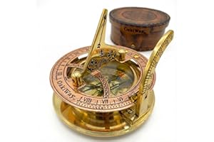 Brass Sundial Compass in Leather Case - Nautical Gifts for Men, Antique Sailing Anniversary Gadget for Him, Unusual Unique Na