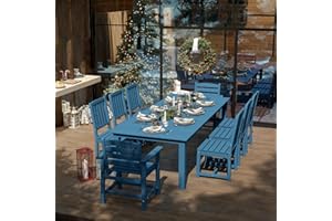 Patio Kingdom 9-Piece Outdoor Dining Set for 8, 75.2'' HDPE Table with Umbrella Hole & Chairs, Weather-Resistant Patio Furniture for Lawn, Yard, Balcony, Deck Navy Blue