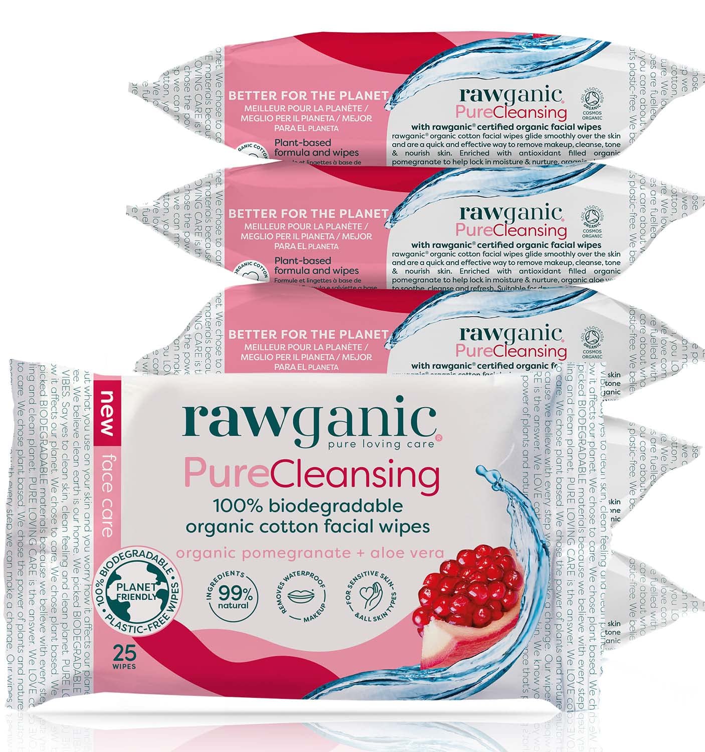 RAWGANIC Pure Cleansing Anti-aging Facial Wipes with Pomegranate and Aloe Vera | Gentle Hydrating Biodegradable Makeup Removal Wipes |Organic Cotton Face Wipes | 6 Packs (150 wipes in total)