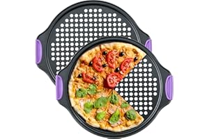 Amazing Abby - Chef Stacy - 2-Pack 13-Inch Non-Stick Pizza Pan with Holes, Perforated Pizza Crisper with Heat-Resistant Silicone Handle Grips, Oven-Safe Bakeware, Carbon Steel Baking Pan for Oven