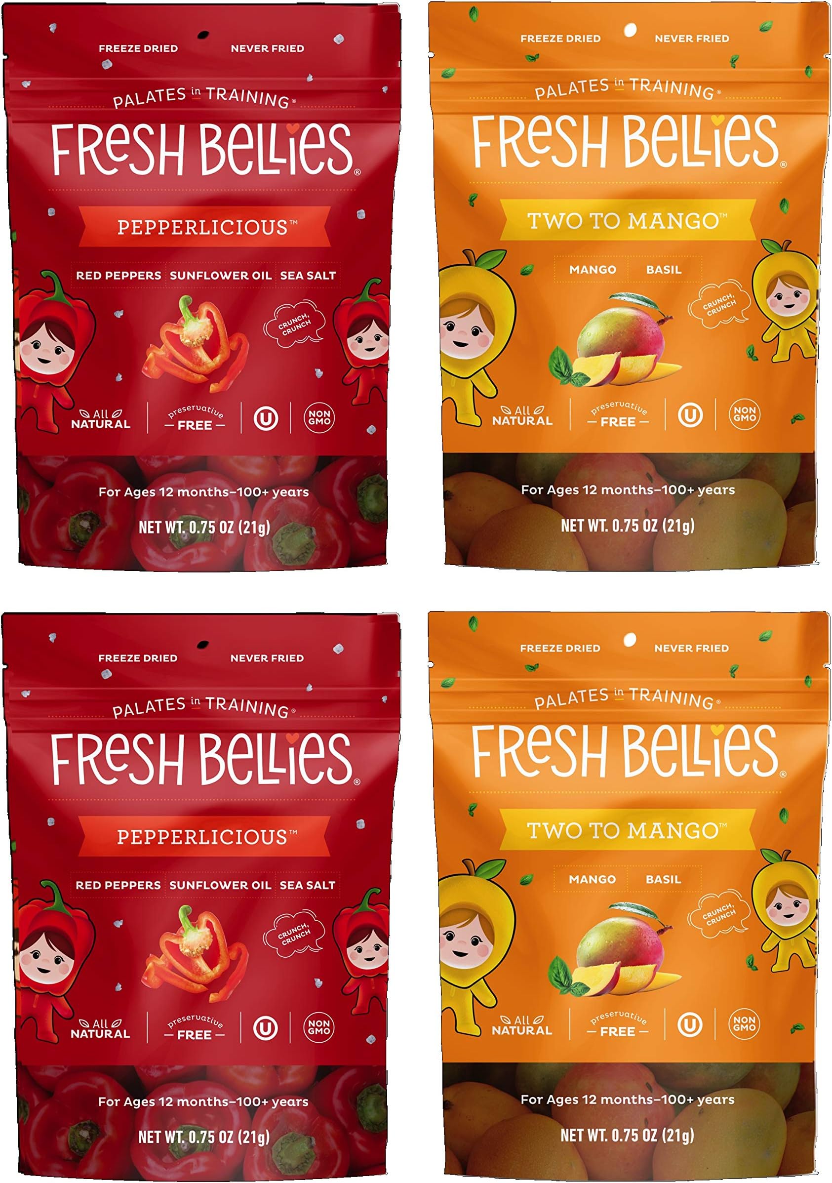 Fresh Bellies Toddler Snacks Variety 4 pack, Two to Mango & Pepperlicious (2 of each)