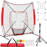 7x7FT Baseball Training Net Set with Strike Zone for Batting &amp; Pitching | 3 weighted balls &amp; collapsible tee and Basket, Reinforced steel base, Durable Tear-resistant Net, For indoor outdoor practice