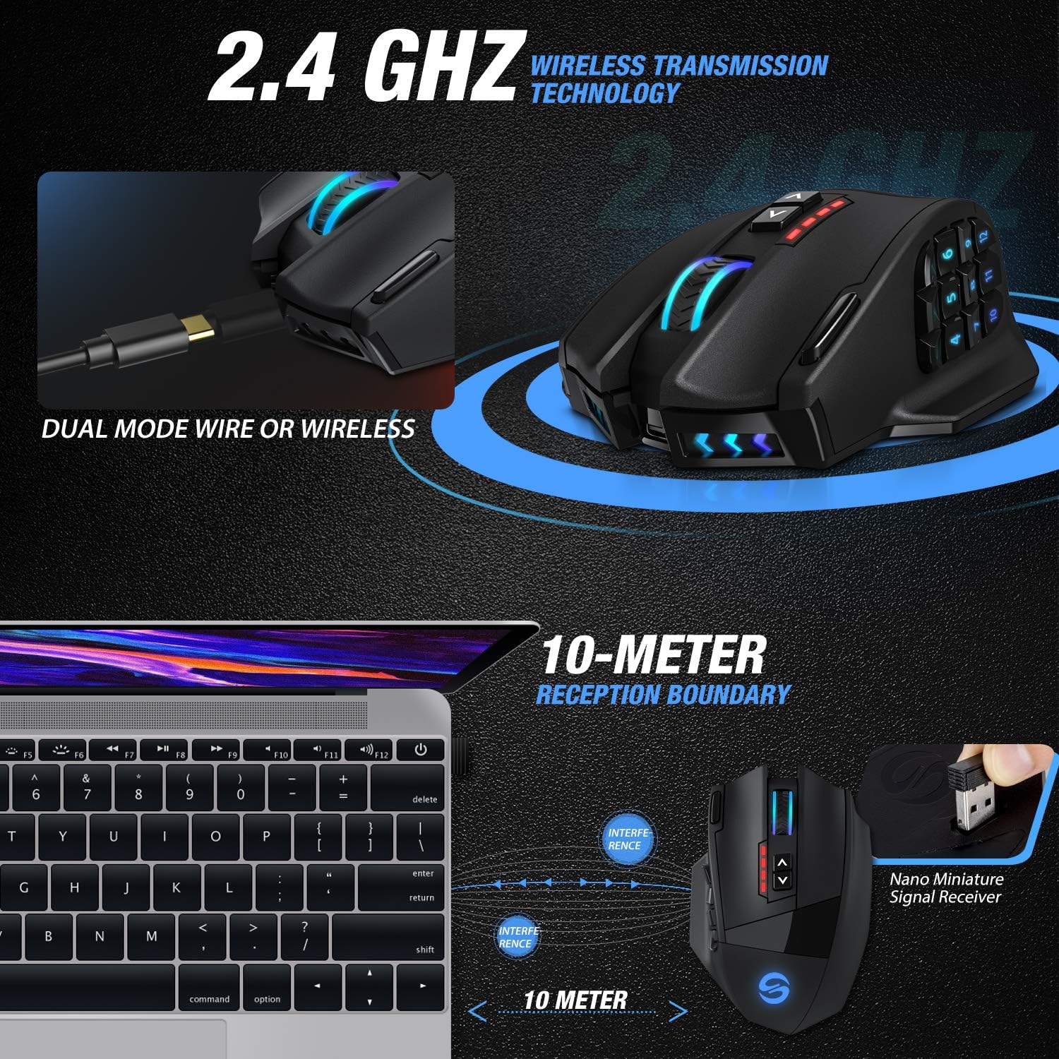 UtechSmart Venus Pro RGB Wireless MMO Gaming Mouse, 16,000 DPI Optical Sensor, 2.4 GHz Transmission Technology, Ergonomic Design, 16M Chroma RGB Lighting, 16 programmable Buttons, Up to 70 Hours: Computers & Accessories
