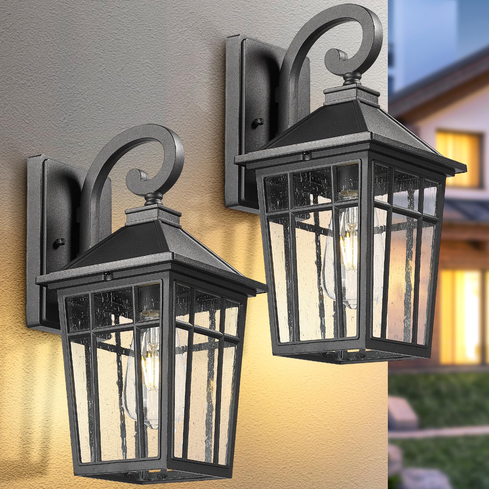 Photo 1 of Darkaway Outdoor Wall Lights for House, Exterior Lighting Fixtures Wall Mount Outdoor Porch Lights Waterproof Black Outdoor Sconce Lights with Seeded Glass for Patio Hallway Garage,2 Pack