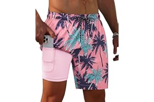 Gleeease 7inch Mens Swim Trunks: 2 in 1 with Compression Liner Pockets Drawstring Quick Dry Stretch Lined Funny Beach Pool