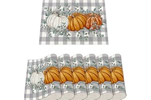 XINNK Fall Placemats, Fall Placemat Set of 6, Fall Home Decor, 12 * 18 Inch Blue Plaid Pumpkin Placemats, Seasonal Fall Table Runners for Outdoor Home Party Catering Decoration