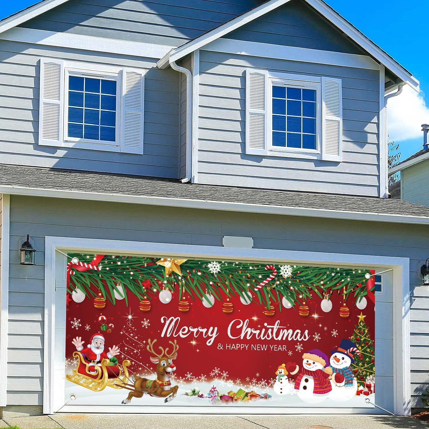 Photo 1 of 6 X 13 ft 2023 Merry Christmas Garage Door Banner, Winter Santa Snowman Christmas Ball Snow Decoration Garage Door Banner, Large Christmas Photography Background Decoration Banner