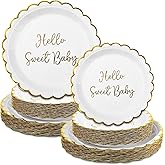 Newtay 100 Pcs Hello Sweet Baby Birthday Paper Plates Disposable Baby Shower Dessert Plates Shower Party Decorations Supplies for Boy Girl Birthday Party Serves 50 Guests