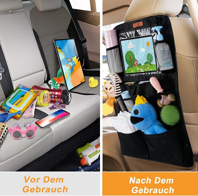 Organisateur Voiture Enfant, Protection Siège Arrière Tissu Oxford Imperméable Anti-Saleté, Rangement Multi-Poches avec Grande Poche pour Jouet et Livres, Accessoire Auto Intérieur, Noir SURFOU