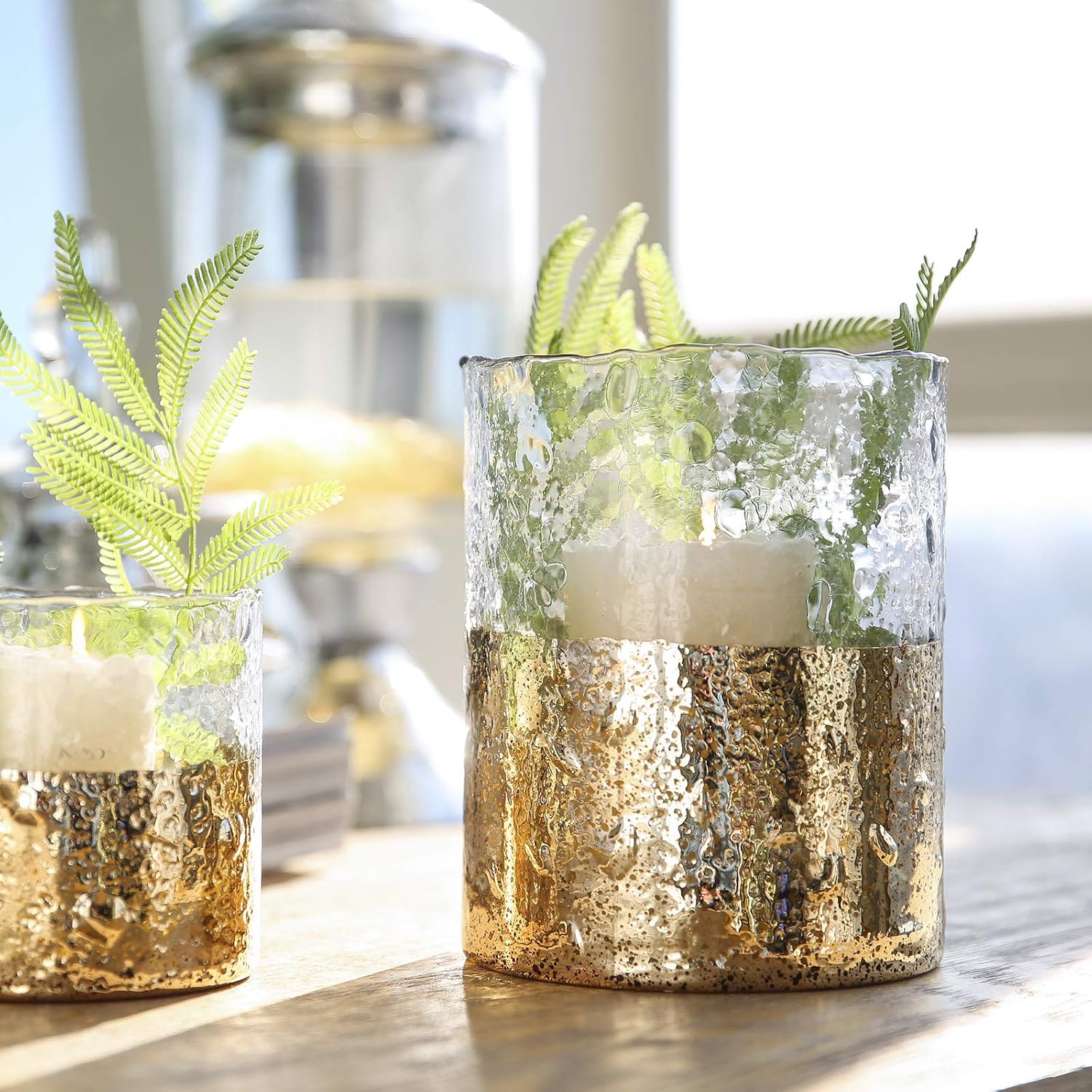 cyl home Hurricane Candleholders Hammered Clear Glass with Sparkler Golden Decor Dining Table Centerpieces Vases Gifts for Wedding Housewarming Christmas Party，6.9'' Height.: Home & Kitchen