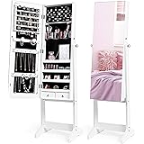 Nicetree Jewelry Cabinet with Full-Length Mirror, Standing Lockable Jewelry Armoire Mirror Organizer, 3 Angel Adjustable, Whi