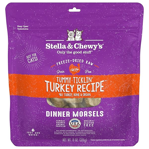 STELLA & CHEWY’S FREEZE-DRIED RAW CAT DINNER MORSELS – GRAIN FREE, PROTEIN RICH CAT & KITTEN FOOD – TUMMY TICKLIN’ TURKEY RECIPE – 8 OZ BAG