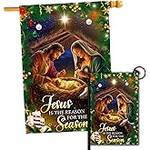 HAONEFECT Jesus is The Reason for The Season Christmas Flag, Christian Religious Nativity Flag, Christmas Decorations Outdoor Yard Flag Set 2 House Flag 28 x 40 and Garden Flag 12x18 Double Side (House + Garden Flags)