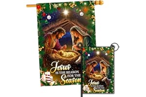 HAONEFECT Jesus is The Reason for The Season Christmas Flag, Christian Religious Nativity Flag, Christmas Decorations Outdoor Yard Flag Set 2 House Flag 28 x 40 and Garden Flag 12x18 Double Side (House + Garden Flags)