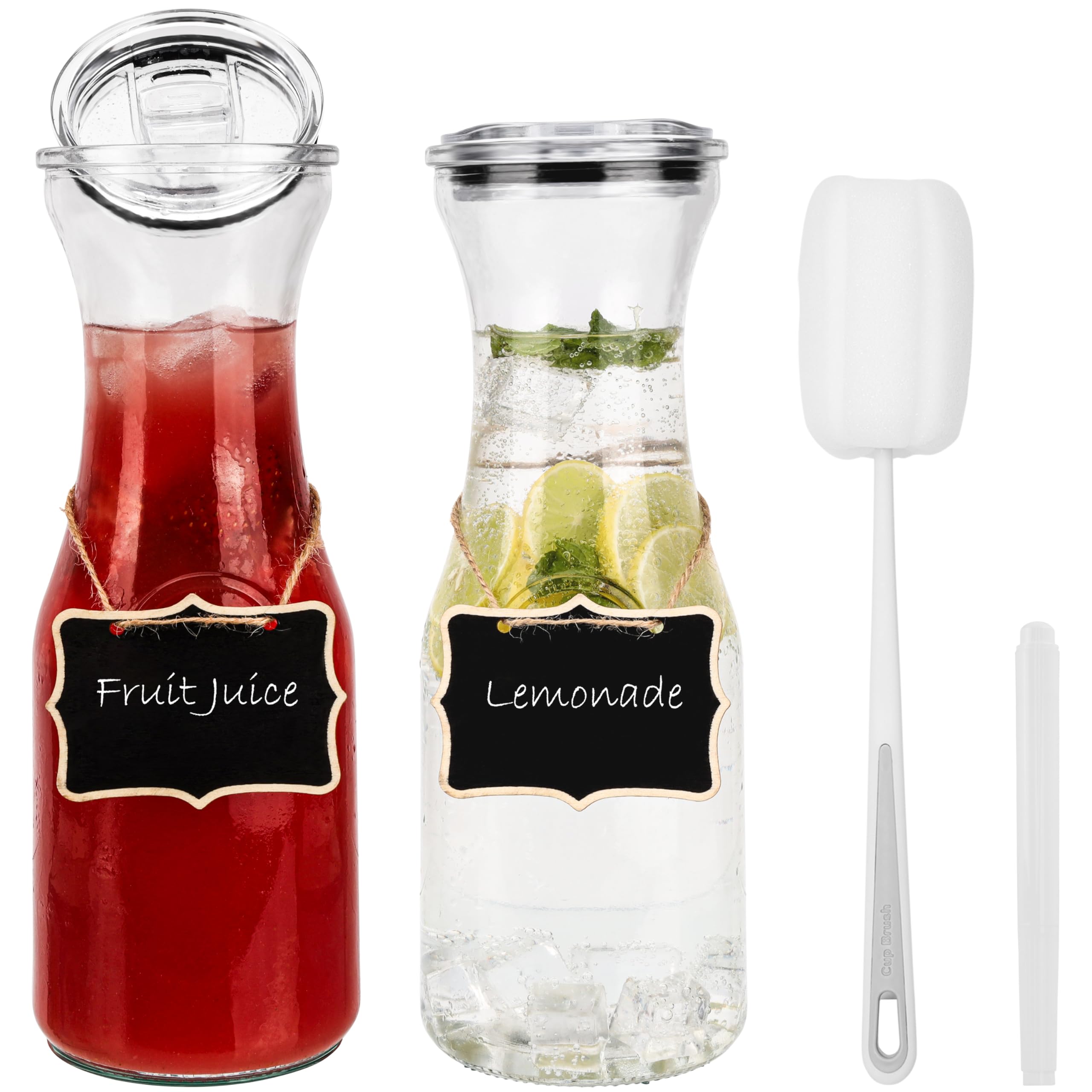 Belle Vous Glass Water Carafe Set with Lids (2 Pack) - 1.1L Pitcher Jugs for Juice, Iced Tea, Milk & Hot/Cold Beverages - Jug for Mimosa Bar/Brunch