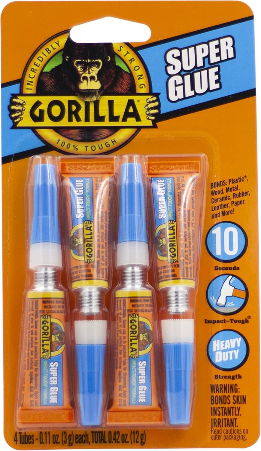 Gorilla Super Glue, Clear Glue, Four 3 Gram Tubes (Pack of 1) - All Purpose and Fast Setting for Projects and Repairs