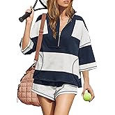 ReachMe Womens Workout Striped Short Sets 2 Piece Outfits Summer Matching Lounge Sets Top and Shorts with Pockets