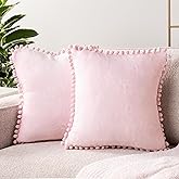 PAVILIA Light Pink Throw Pillow Covers with Pom Pom 18x18 Set of 2, Decorative Pillow Cases for Bedroom Aesthetic, Small Throw Pillows Set for Bed, Velvet Euro Plush Cushion Covers for Sofa Couch