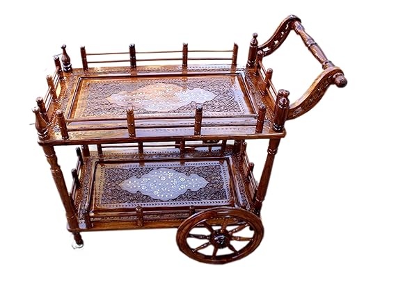 Shilpi Sheesham Wood Handmade Wheel Decor Service Trolley / Wooden Kitchen Tools Storage Service Trolley