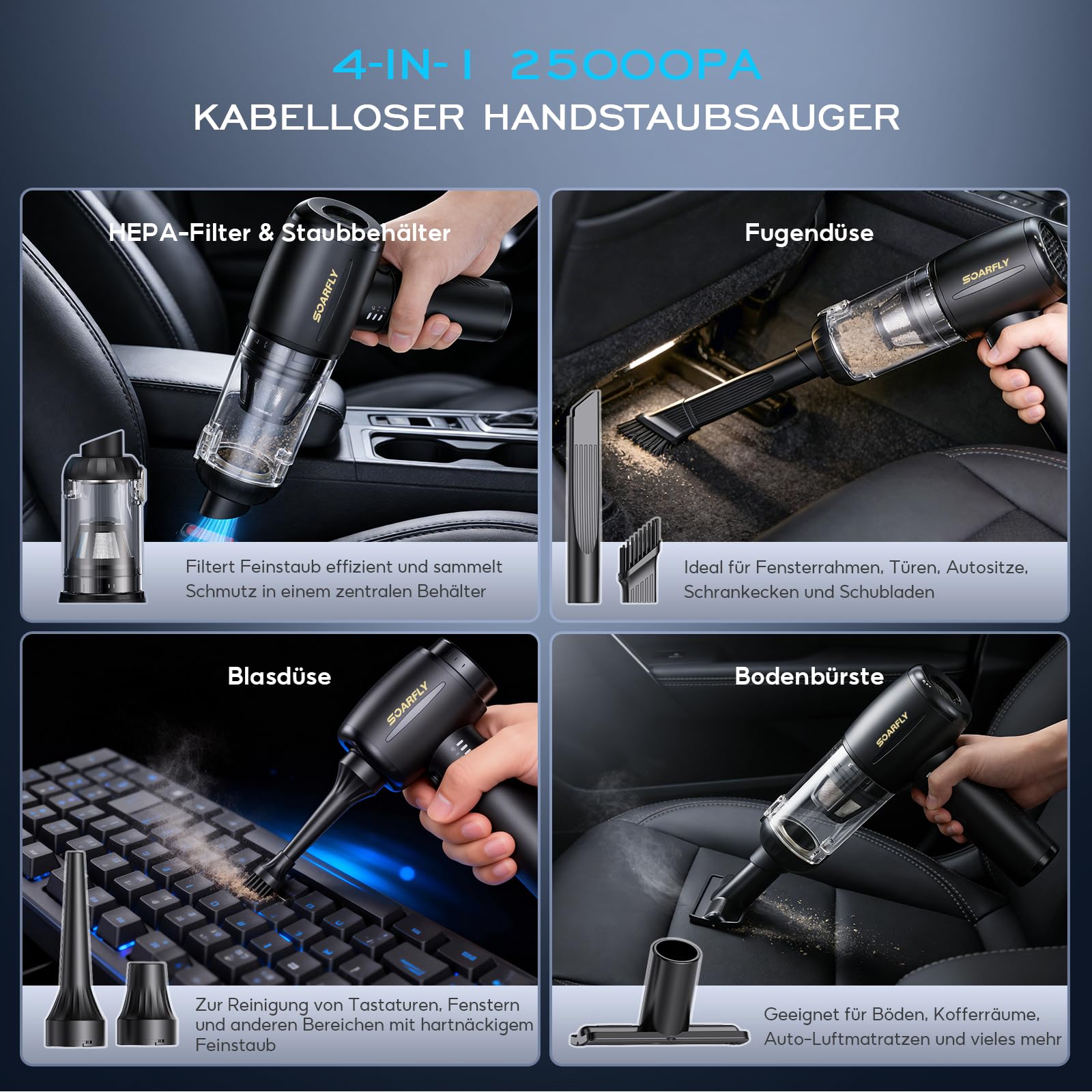 SoarFly Handstaubsauger Akku, 25000Pa 4 in 1 Auto Mini Staubsauger Kabellos Stark mit LED Licht, 2-Gang Elektrische Staubgebläse mit Bürstenloser Motor für den Auto, Küche, PC, Sofa, Büro 4
