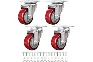 Finnhomy 3 Inch Swivel Casters Wheels Set of 4 Heavy Duty Plate Casters Premium Polyurethane Wheels PU Load Bearing 2,200 Lbs Anti-wear Smooth Casters Red (Free Screws)
