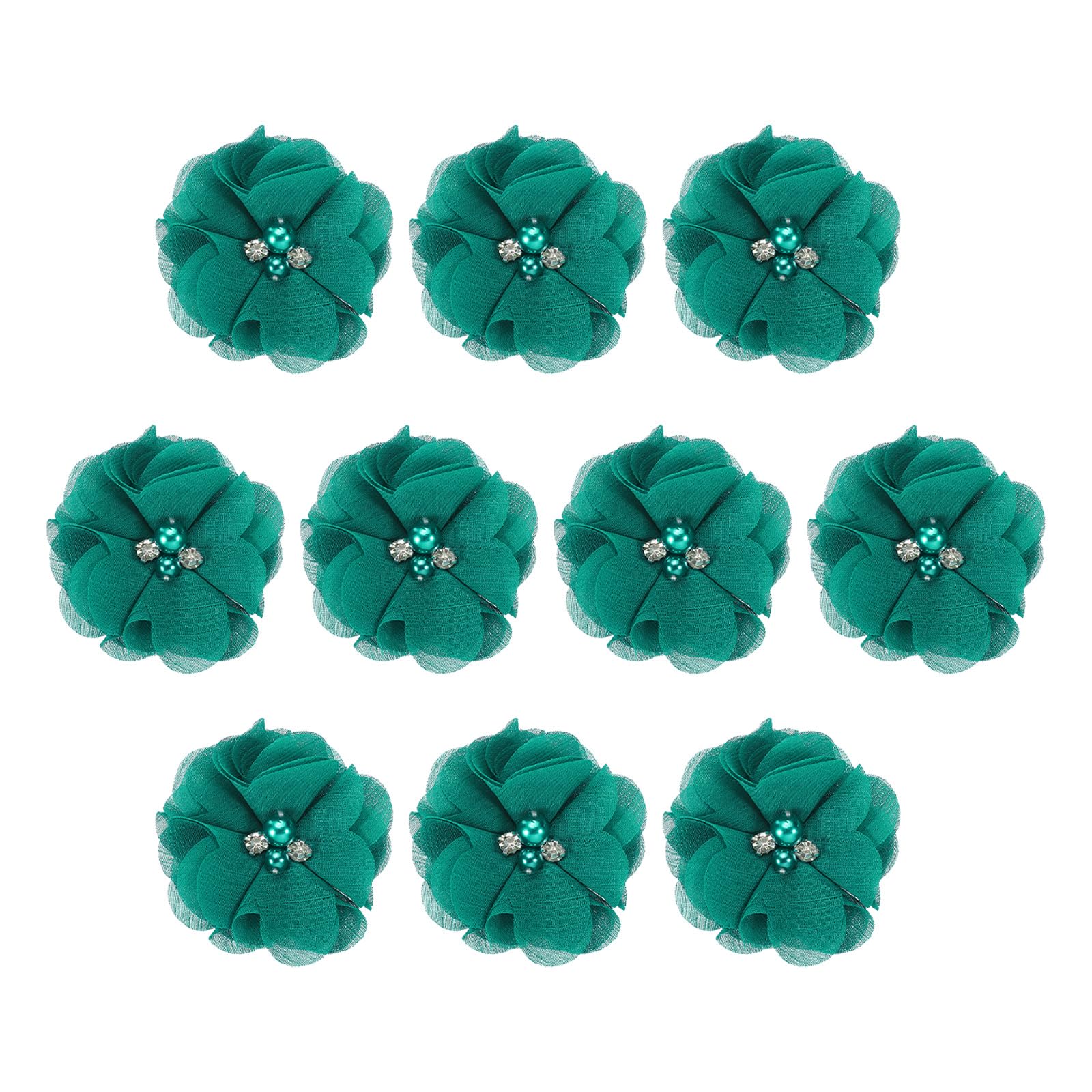 PATIKIL 2" Chiffon Flowers, 10Pcs Fabric Flowers Sewing Appliques Embellishments with Rhinestone Pearl for DIY Crafts Wedding Headbands Party Decoration, Dark Green
