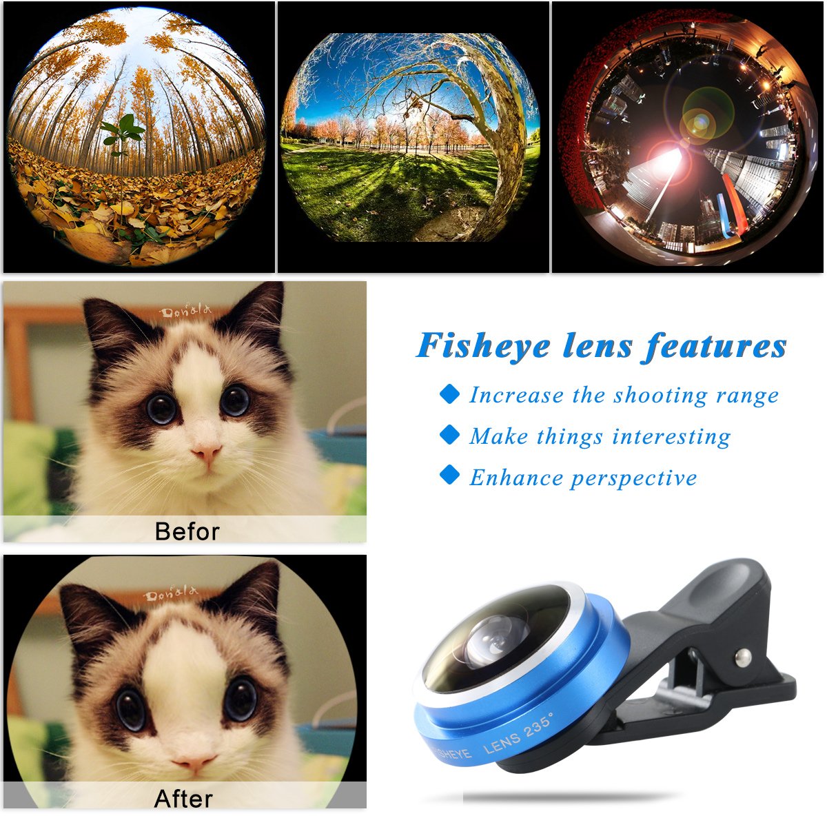 Mactrem Lentes para móviles 235° Ojo de Pez (FishEye), Lente universal para iPhone 7 / 7 Plus / 6 / 6 Plus / 5S / 5, Samsung Galaxy S6 / S6 Edge / S5, Huawei Honor etc.